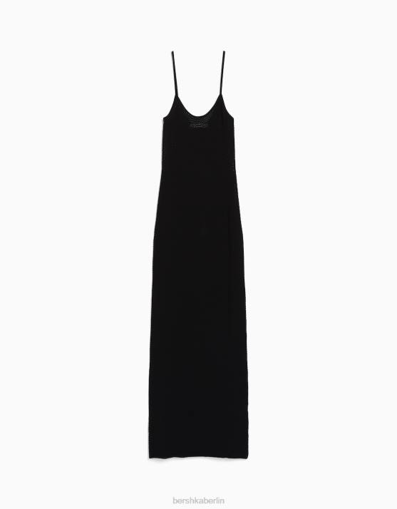 Schwarz Bershka Frauen Strick-Midikleid mit Trägern H00J171