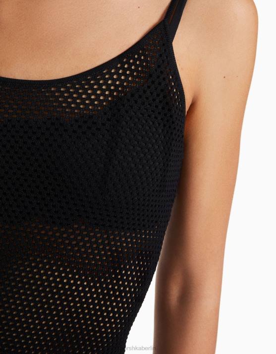 Schwarz Bershka Frauen Strick-Midikleid mit Trägern H00J171