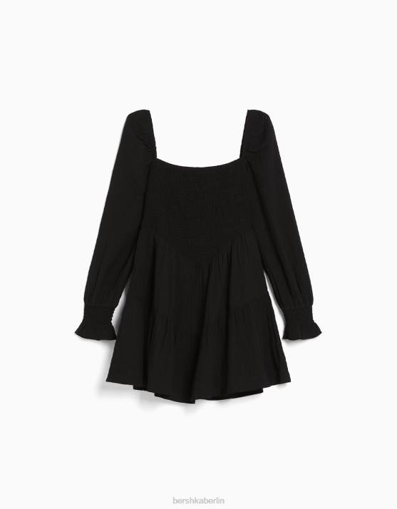 Schwarz Bershka Frauen Strukturiertes, voluminöses Minikleid mit langen Ärmeln H00J223