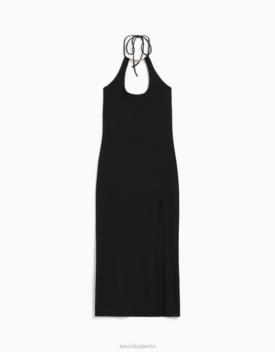 Schwarz Bershka Frauen Tailliertes Midikleid mit Kragendetail H00J79