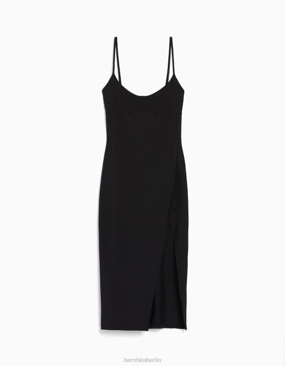 Schwarz Bershka Frauen Tailliertes Midikleid mit Trägern H00J63