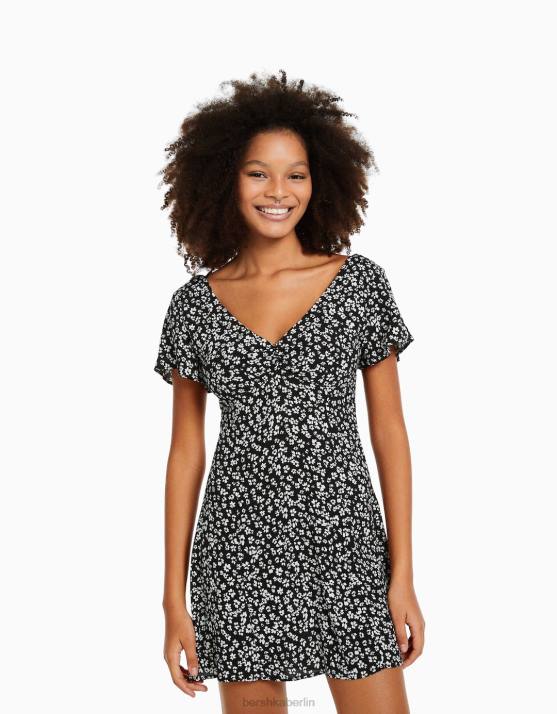 Schwarz Bershka Frauen Voluminöses Minikleid mit kurzen Ärmeln H00J225