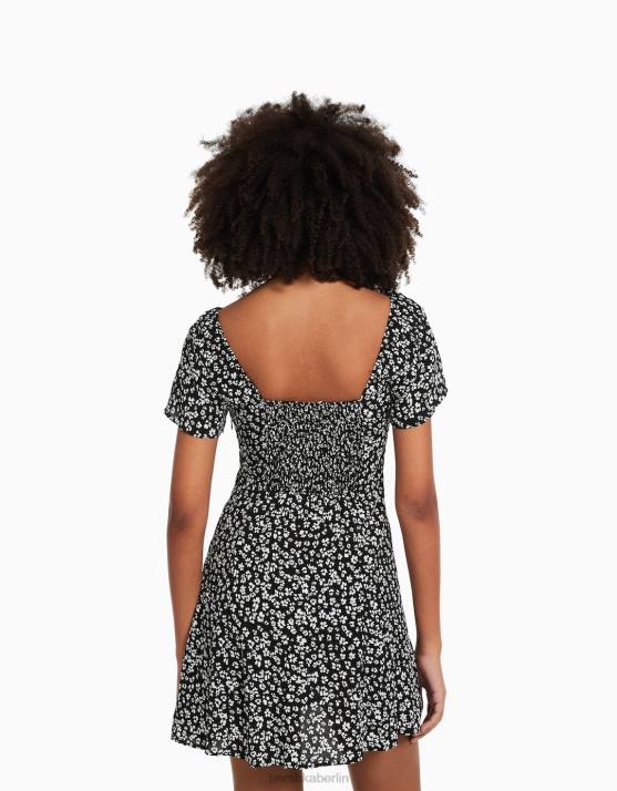 Schwarz Bershka Frauen Voluminöses Minikleid mit kurzen Ärmeln H00J225