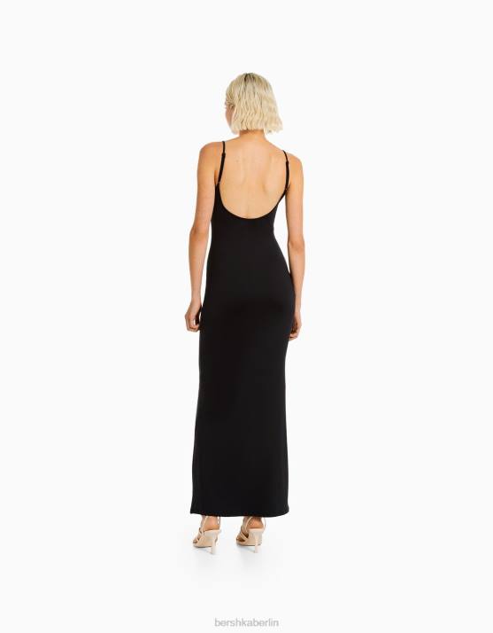Schwarz Bershka Frauen figurbetontes langes Trägerkleid H00J15