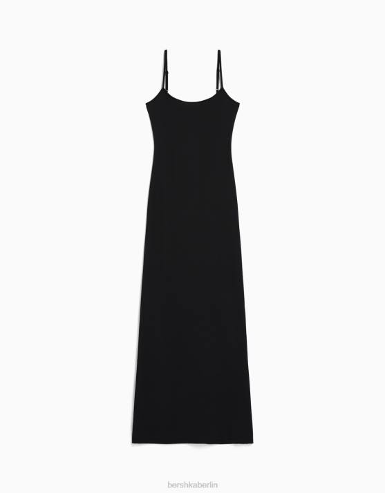 Schwarz Bershka Frauen figurbetontes langes Trägerkleid H00J15