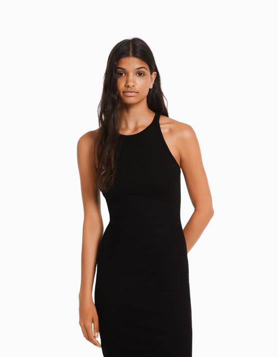 Schwarz Bershka Frauen geripptes ärmelloses Midikleid H00J5