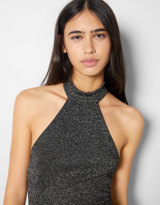 Schwarz Bershka Frauen glänzendes Minikleid H00J261