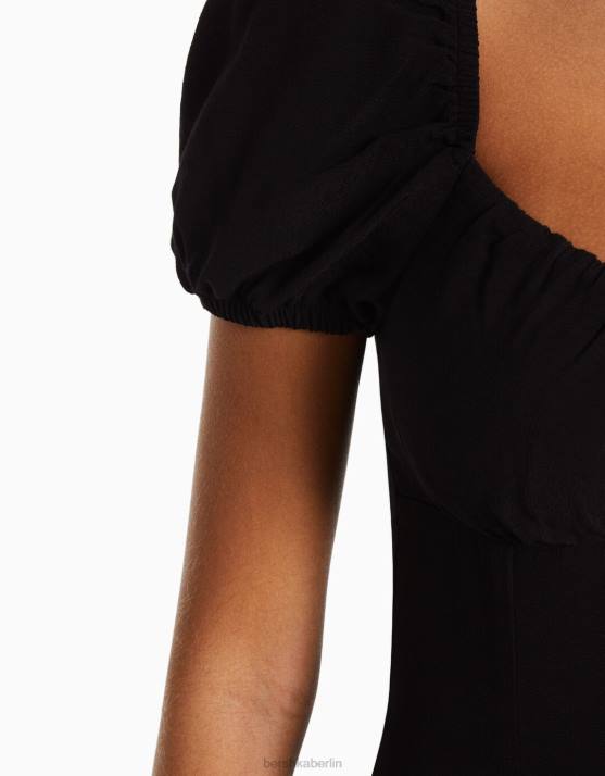 Schwarz Bershka Frauen kurzärmliges Midikleid H00J217