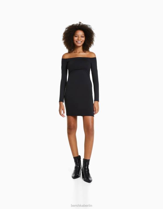 Schwarz Bershka Frauen langärmliges Minikleid H00J92