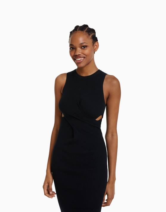 Schwarz Bershka Frauen ärmelloses Crossover-Midikleid H00J196