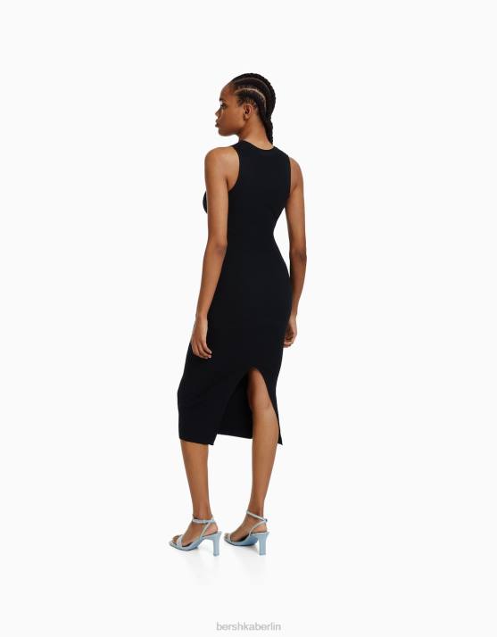 Schwarz Bershka Frauen ärmelloses Crossover-Midikleid H00J196