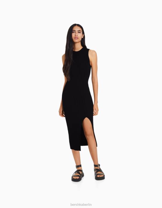 Schwarz Bershka Frauen ärmelloses Strick-Midikleid H00J974
