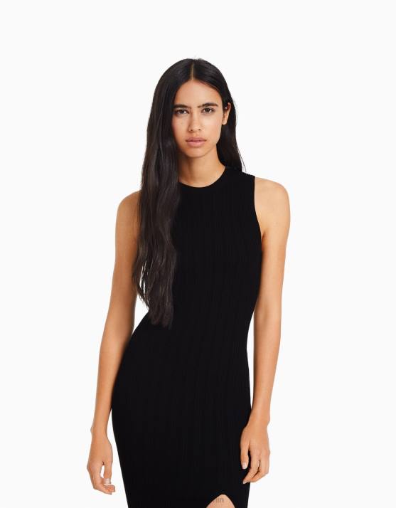 Schwarz Bershka Frauen ärmelloses Strick-Midikleid H00J974