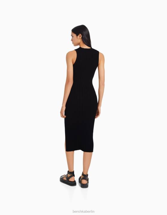 Schwarz Bershka Frauen ärmelloses Strick-Midikleid H00J974