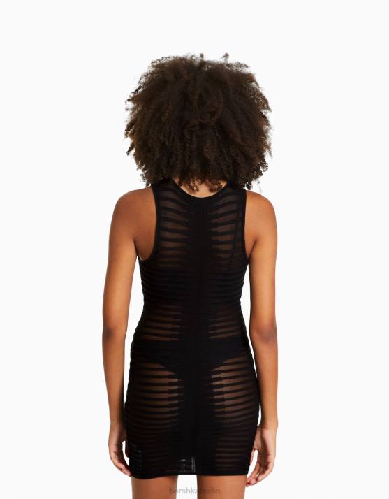 Schwarz Bershka Frauen ärmelloses, transparentes Strick-Minikleid H00J240