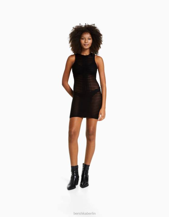 Schwarz Bershka Frauen ärmelloses, transparentes Strick-Minikleid H00J240