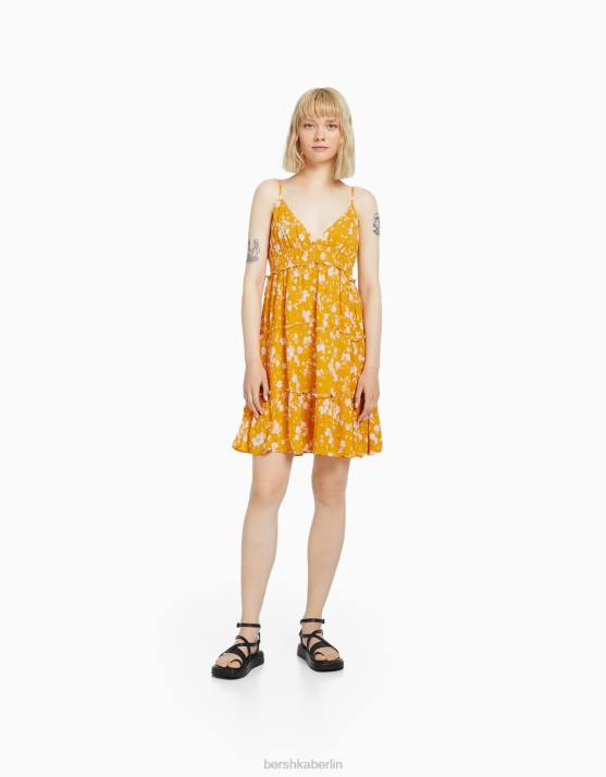 Senf Bershka Frauen Minikleid mit gerüschten Trägern H00J4090