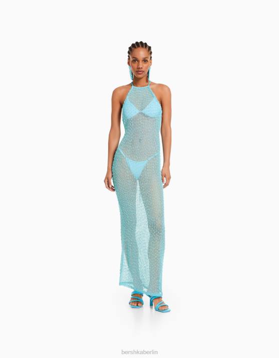 Türkis Bershka Frauen Langes Netz-Neckholder-Kleid H00J147