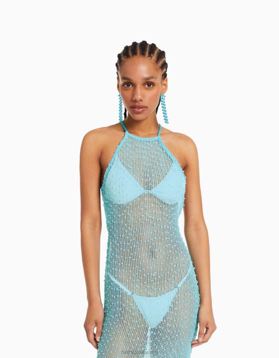 Türkis Bershka Frauen Langes Netz-Neckholder-Kleid H00J147