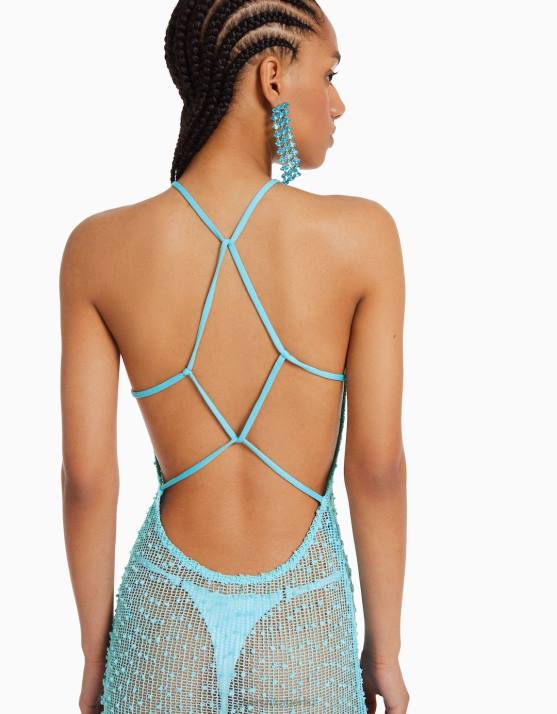Türkis Bershka Frauen Langes Netz-Neckholder-Kleid H00J147