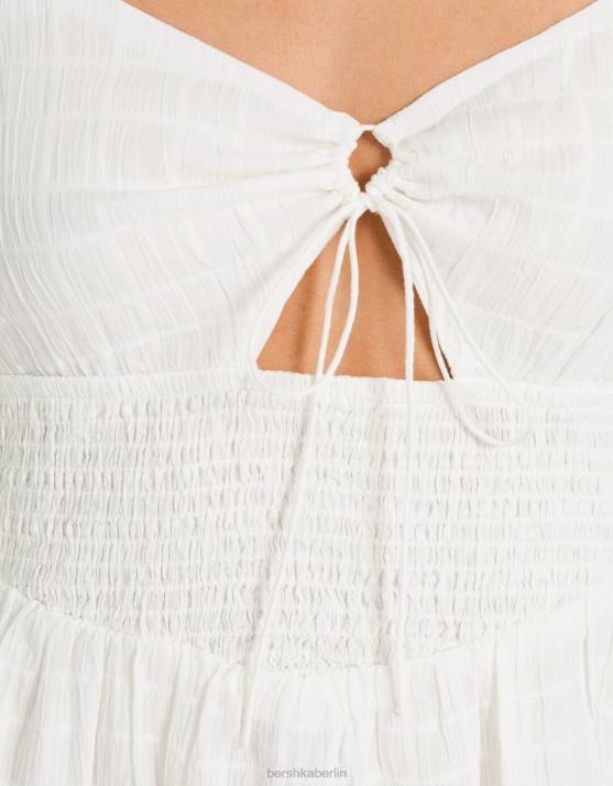 Weiss Bershka Frauen Midi-Trägerkleid mit Ausschnitt und Rüschen H00J66
