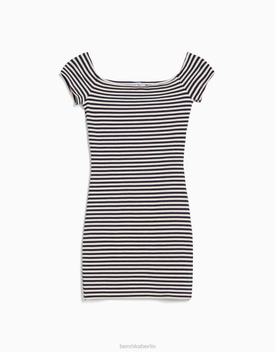 Weiss Bershka Frauen Minikleid mit Bardot-Ausschnitt H00J205