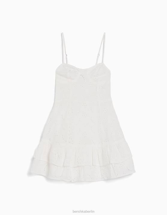Weiss Bershka Frauen Rüschen-Minikleid mit Schweizer Stickerei H00J4093