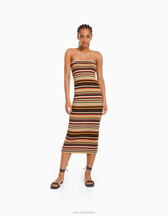 braun Bershka Frauen Gestreiftes Bandeau-Midikleid H00J183