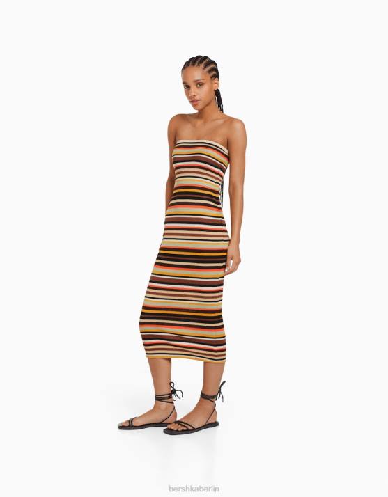 braun Bershka Frauen Gestreiftes Bandeau-Midikleid H00J183