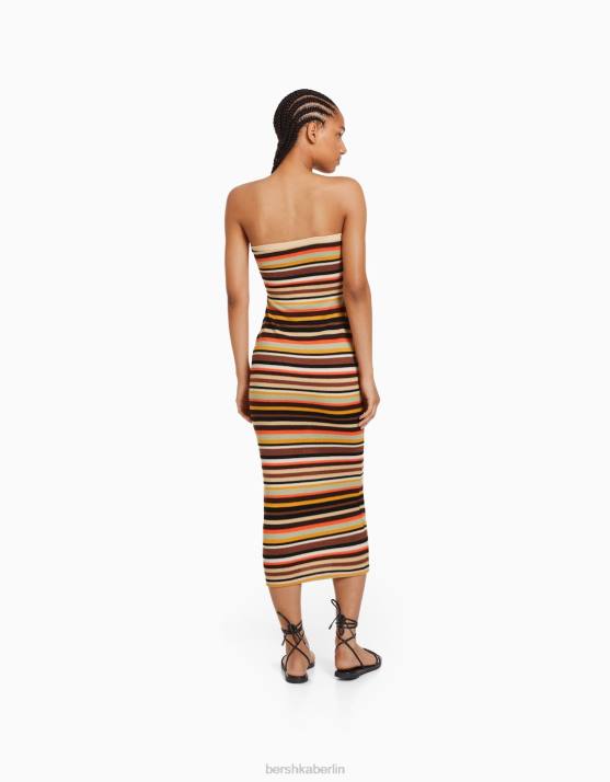 braun Bershka Frauen Gestreiftes Bandeau-Midikleid H00J183