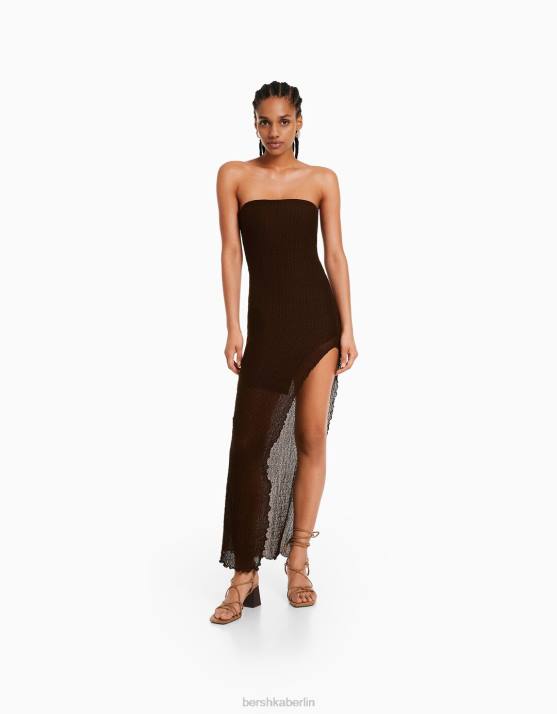 braun Bershka Frauen Langes Bandeau-Kleid mit blonder Spitze H00J40