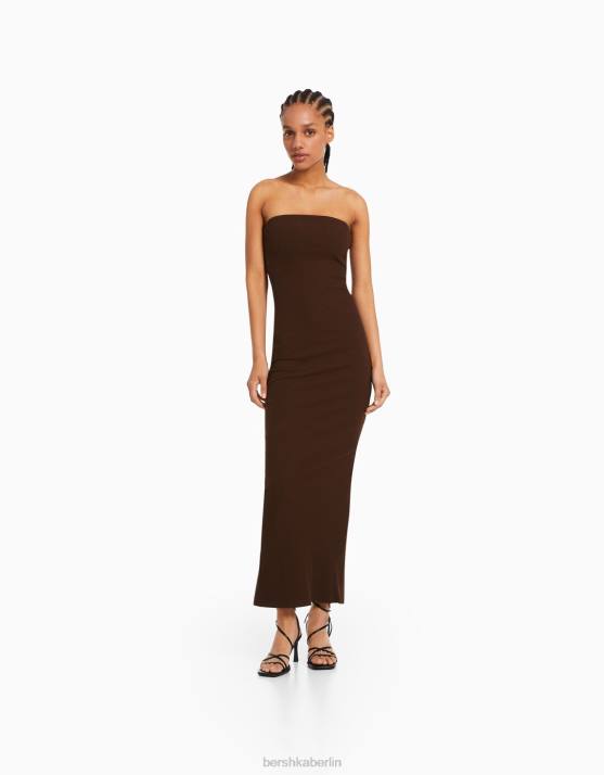 braun Bershka Frauen Langes, geripptes Bandeau-Kleid H00J47