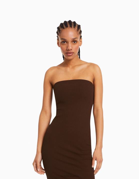 braun Bershka Frauen Langes, geripptes Bandeau-Kleid H00J47