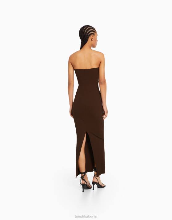 braun Bershka Frauen Langes, geripptes Bandeau-Kleid H00J47