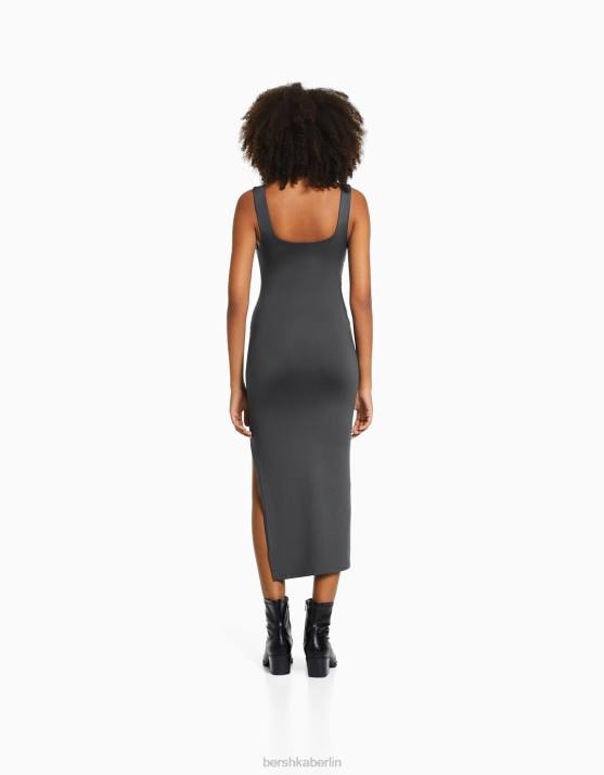 dunkelgrau Bershka Frauen Tailliertes Midikleid mit Trägern H00J259