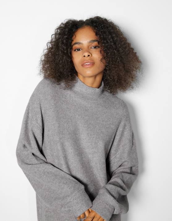 grau Bershka Frauen Etuikleid mit langen Ärmeln H00J285