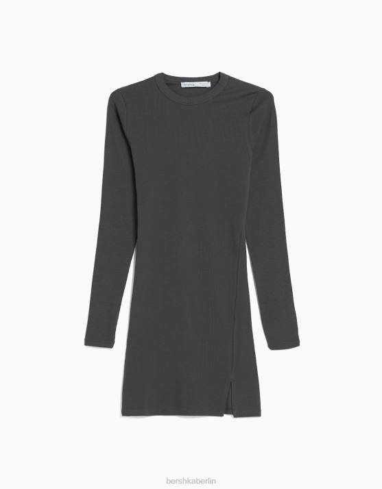 grau Bershka Frauen Geripptes Minikleid mit langen Ärmeln H00J236