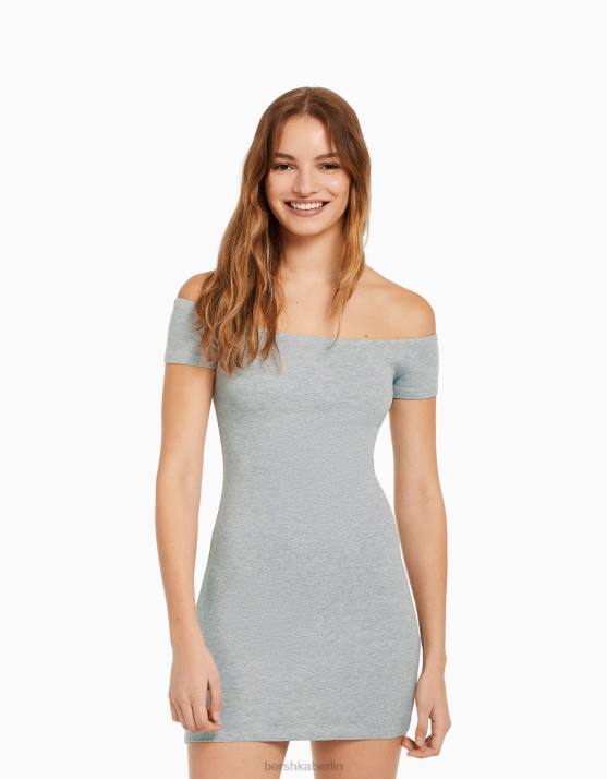 grau Bershka Frauen Kurzärmliges, schulterfreies Minikleid H00J204