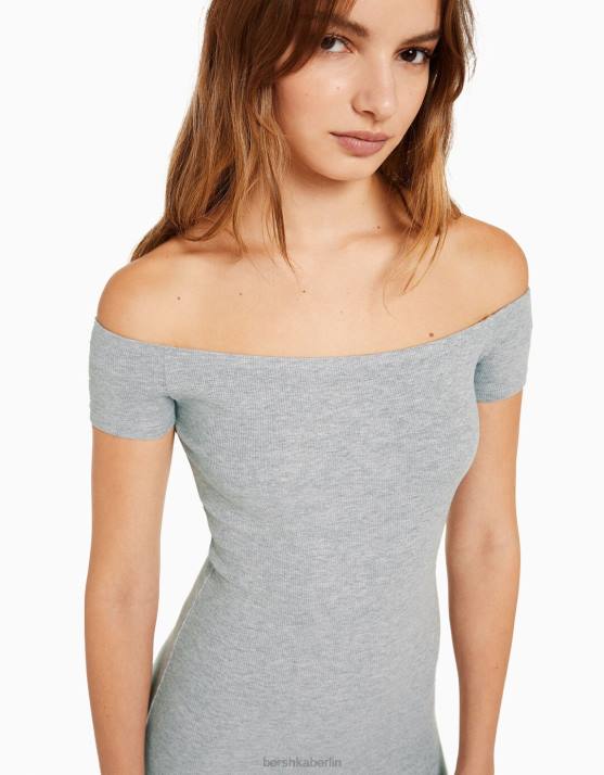 grau Bershka Frauen Kurzärmliges, schulterfreies Minikleid H00J4067