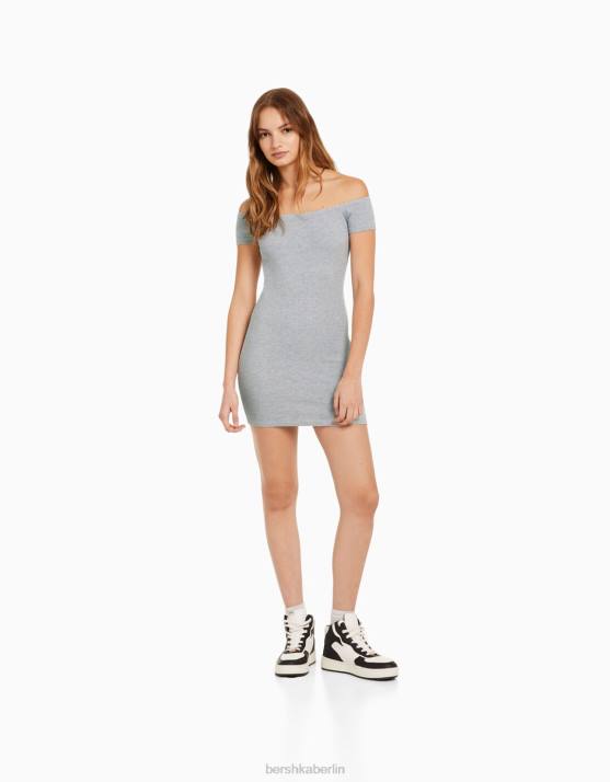 grau Bershka Frauen Kurzärmliges, schulterfreies Minikleid H00J4067