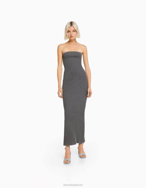 grau Bershka Frauen Langes Bandeau-Rippenkleid mit Wascheffekt H00J45