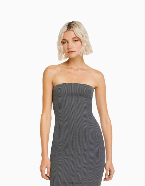 grau Bershka Frauen Langes Bandeau-Rippenkleid mit Wascheffekt H00J45