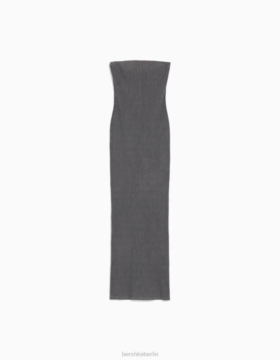 grau Bershka Frauen Langes Bandeau-Rippenkleid mit Wascheffekt H00J45