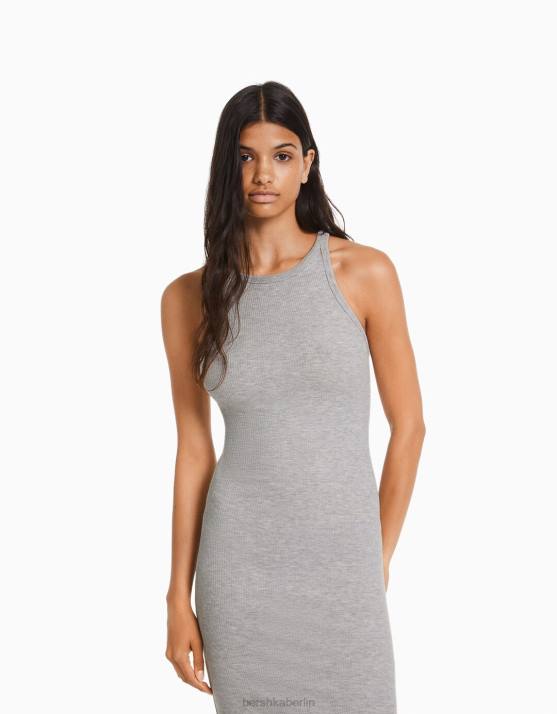grau Bershka Frauen geripptes ärmelloses Midikleid H00J3