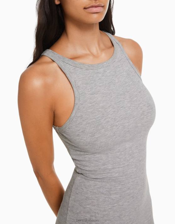 grau Bershka Frauen geripptes ärmelloses Midikleid H00J3