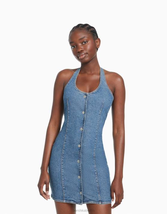 hellblau Bershka Frauen Jeans-Minikleid mit Knöpfen H00J188