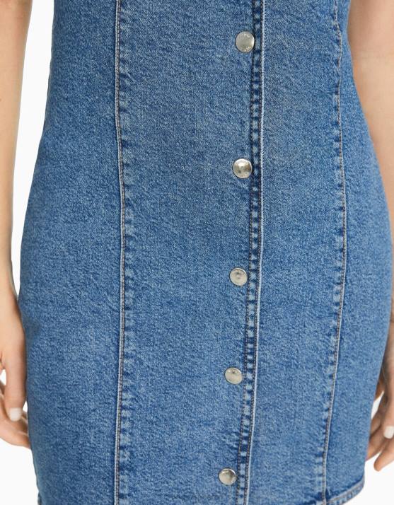 hellblau Bershka Frauen Jeans-Minikleid mit Knöpfen H00J1948