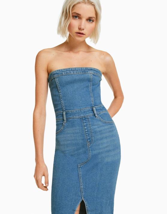 hellblau Bershka Frauen Langes Bandeau-Jeanskleid H00J16