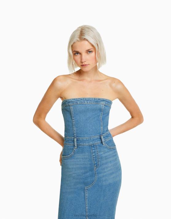 hellblau Bershka Frauen Langes Bandeau-Jeanskleid H00J1832