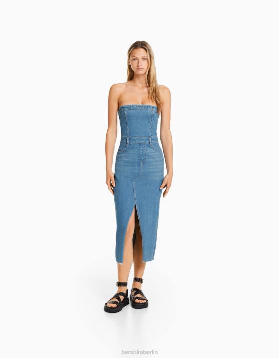 hellblau Bershka Frauen Langes Bandeau-Jeanskleid H00J1946